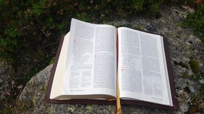Open bibel liggjande på ein stein