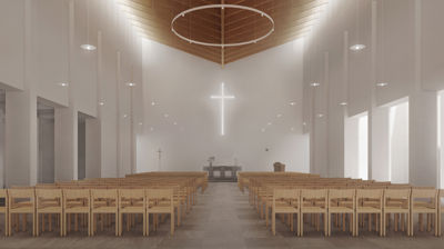 Slik blir kirkerommet i Charlottenlund nye kirke. (Illustrasjon Atelje Ö)