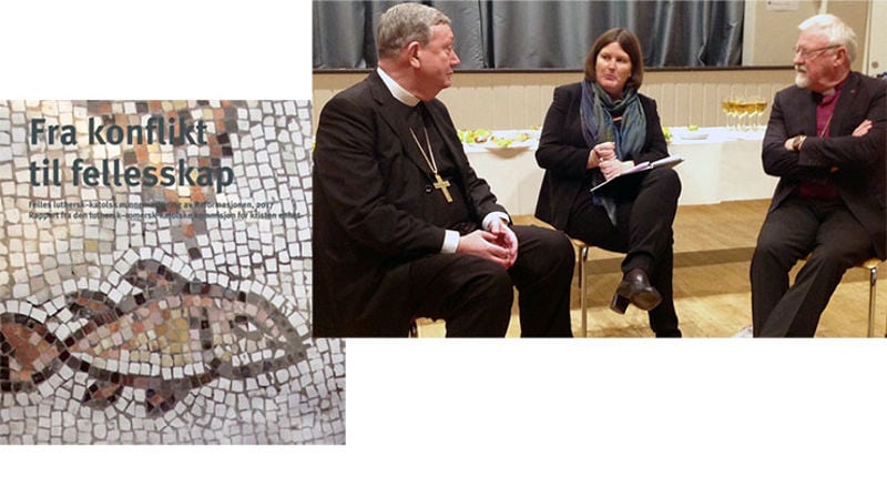 Biskopene Bernt I. Eidsvig og Ole Chr. M. Kvarme presenterte 26. november 2015 den norske oversettelsen av "From Conflict to Communion" utgitt av den luthersk-katolske enhetskommisjonen. I midten Ingrid Rosendorf Joys som ledet presentasjonen.