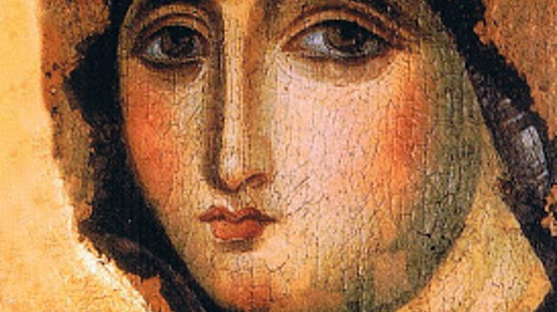 Utsnitt av "Maria Advocata". Senantikk tretavle, 42,5 x 71,5 cm. Santa Maria del Rosarioklosteret, Roma.