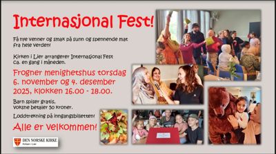 Velkommen til Internasjonal Fest på Frogner menighetshus torsdag 6. november og 4. desember kl. 16:00 - 18:00.
