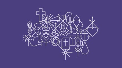 Kirkens mønster med mange små elementer som kors, hjerte, vanndråpe med mer.