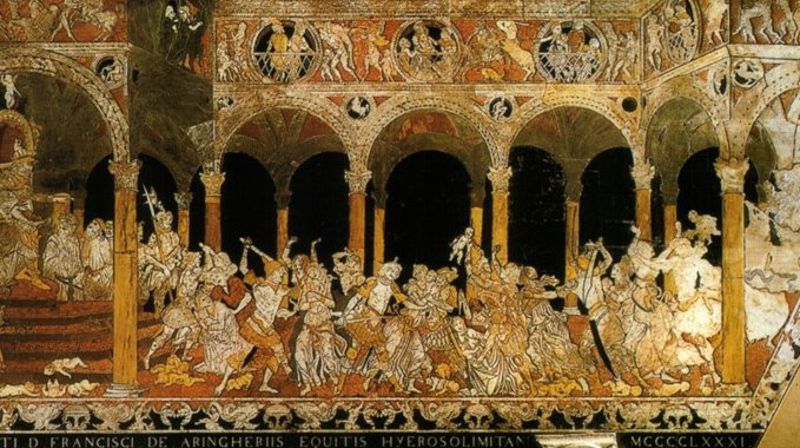 «Barnemordet», detalj, pavimento, Duomo di Siena, ca 1350-1500. Fra marmorgulvet med mangefarget marmor-mosaikk, også kalt «visdommens gulv», fordi det for det meste er bygget opp over forskjellige aspekter av visdom, noe de var opptatt av i renessansen, med bl. a. vismenn og sibyller.  Et unntak er scenen med barnemordet, som skal symbolisere frigjøringen av Siena, der arkitekturen i bakgrunnen er fra Siena.