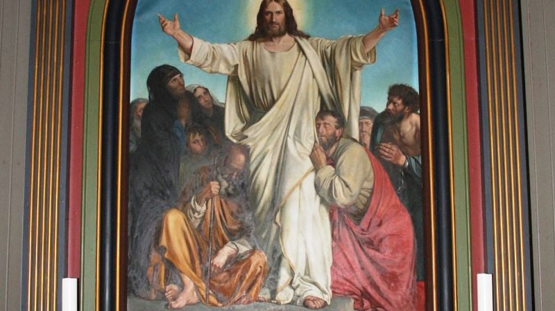 Fra altertavlen i Sand kirke i Nord-Odal som har en kopi av Carl Blochs bilde Christus Consolator. (Trøsteren)