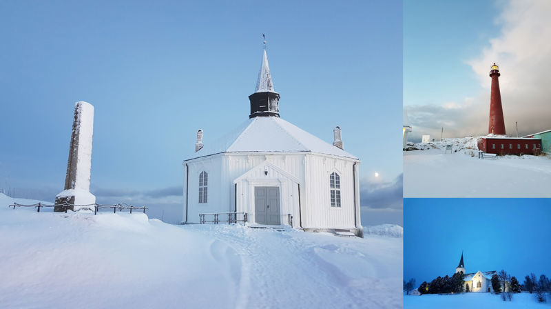 Hovedbilde viser Dverberg kirke, de to minste bildene viser Sortland kirke og Andenes fyrtårn.