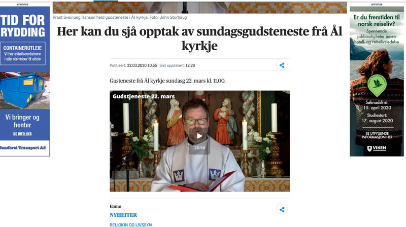 Sveinung Hansen er til daglig prost i Hallingdal. Det betyr at han leder prestene i området. (Skjermdump fra Hallingdølen.no)