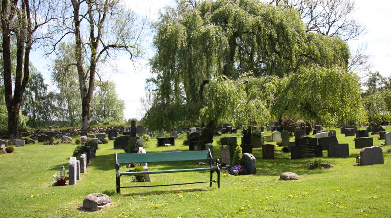 Bilde: Gravplass med en benk, et tre og gravminner