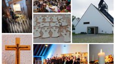 Bildekollage med kirkebygg, interiør, musikk og alt det andre som rører seg i menigheten