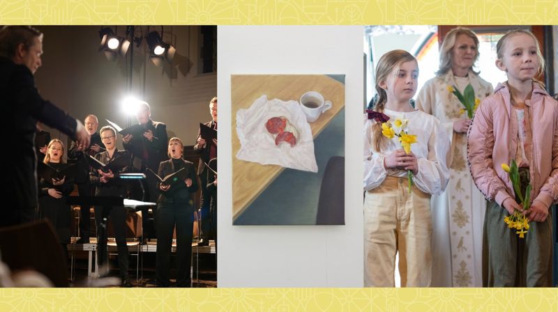 Tre foto - kirkekor, maleri og barn i påskegudstjeneste.