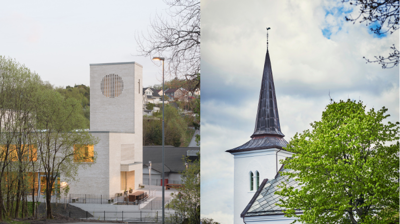 Kirkene i Birkeland sokn: til venstre Sædalen kirke sett fra Sædalssvingene. Til høyre er foto av Birkeland kirke tatt fra villaen på høyden bak kirken.