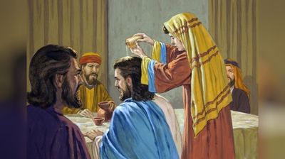 Tegning av Jesus og noen andre rundt et bord. En kvinne kommer bakfra med en liten krukke og tømmer utover hodet på Jesus. Ukjent kunstner/opphav.
