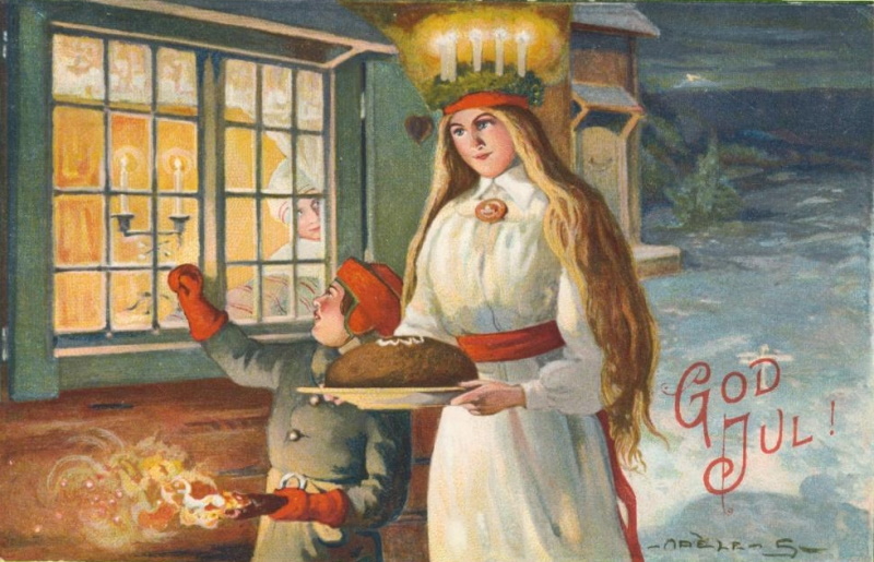 Julekort med Lucia-feirande jente og gut som går rundt ute.