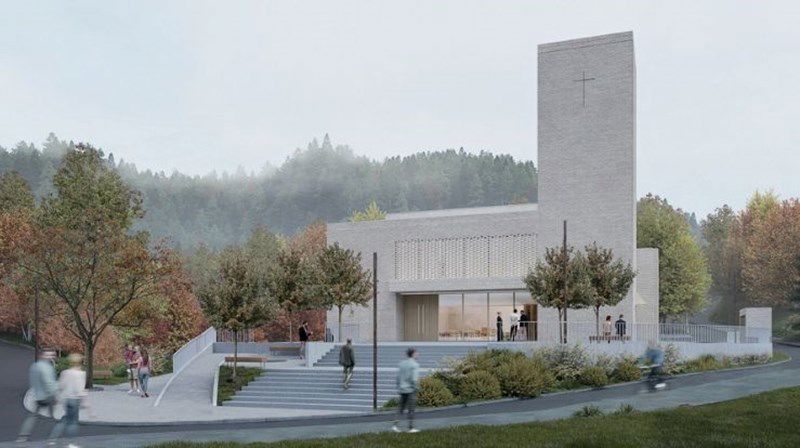 Inngangspartiet vender seg mot sentrum av Sædalen, og det vil anlegges en egen kirkehage rundt kirken.
