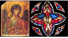 Til venstre: Framstilling av St.Mikael på et eldre ikon. Til høyre: Detalj fra rosevinduet i Storetveit kirke (Foto: Åse Solvi)