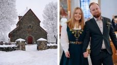 Her ser vi vakre Nikolaikirken på Granavollen i vinterdrakt (foto: Knut Sterud). Til høyre et av brudeparene som giftet seg under drop-in-bryllup på Valentinsdag i 2024, som ble arrangert i Årnes kirke i Nes på Romerike (foto: Den norske kirke).