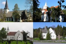 Grimstad- (øverst f.v.), Fjære-, Landvik- og Eide kirke