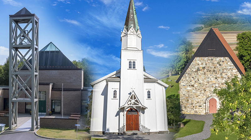 Berg arbeidskirke, Berg kirke (trekirken) og Berg gamle kirke (stenkirken). Fotomontasje: Fred Isaksen