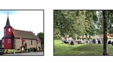 Hedrum kirke og gravhaugene like ved.