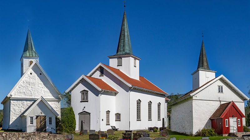Hem kirke, Svarstad kirke og Styrvoll kirke - de tre kirkene i Lardal menighet. Fotomontasje: Fred Isaksen