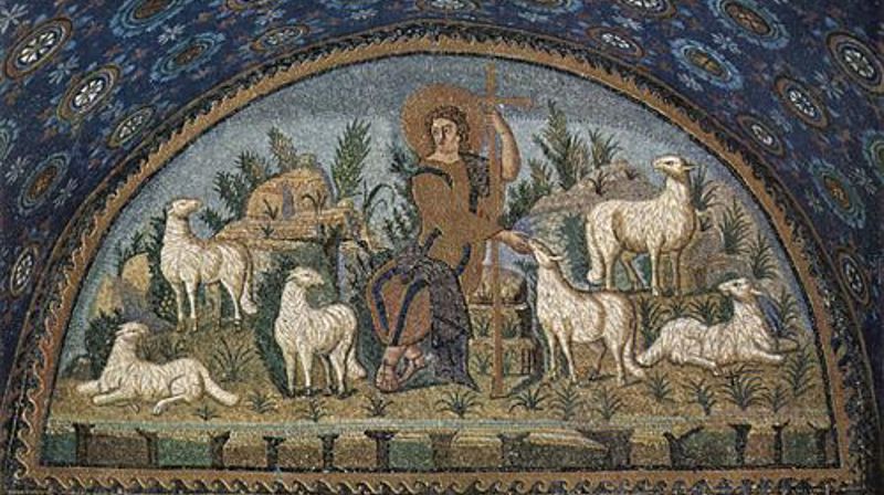 «Den gode hyrde». Mosaikkk i mausoleet til keiserinne Galla Placidia, Ravenna,tidlig 500-tallet