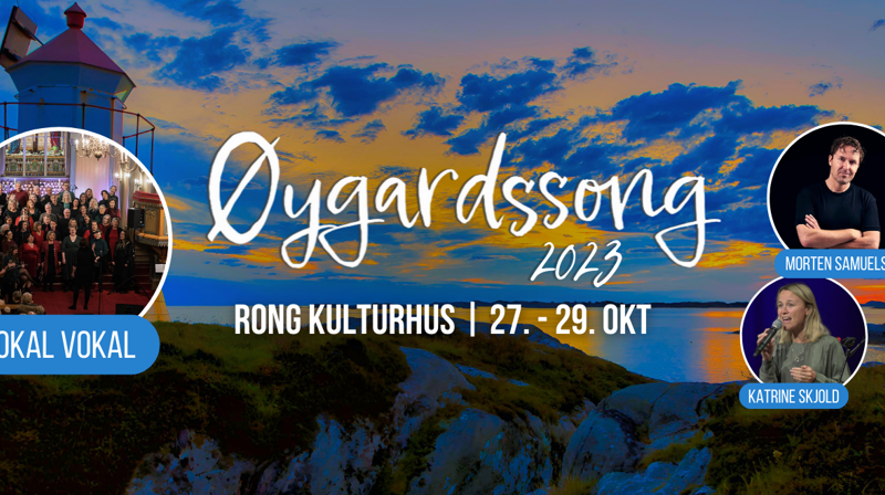Banner for Øygardssong med tittel skrevet i hvit skrift. Bakgrunn solnedgang med fyrlykt. Små bilder av noen av artistene.