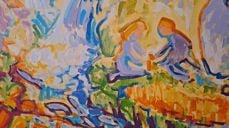 Utsnitt frå Sigmund Årseths Våren i kyrkjestogo i Hegge. Foto Eli Vatn.