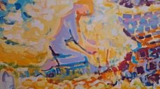 Utsnitt av måleriet 'Våren' av Sigmund Årseth som heng I Rogne kyrkjestoge. Foto Eli Vatn.