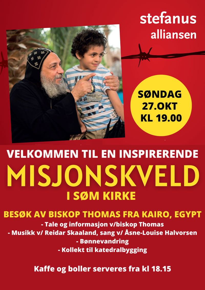 Plakat: Misjonskveld i Søm kirke 27. oktober med Biskop Thomas