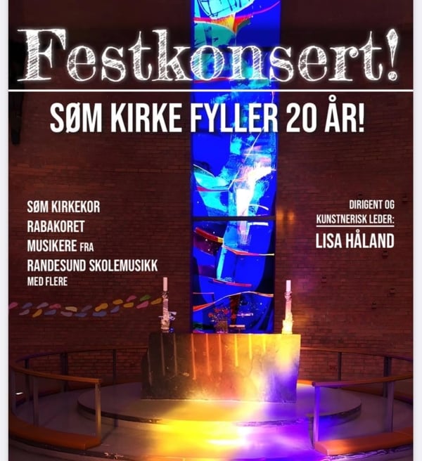 Plakat: Festkonsert i Søm kirke 1. desember. Søm kirke fyller 20 år