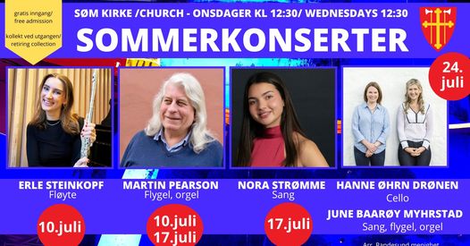 Plakat sommerkonserter i Søm kirke 10., 17. og 24. juli