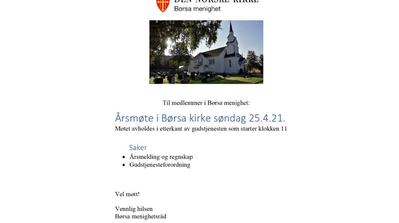 Årsmøte i Børsa kirke søndag 25.4.21.
