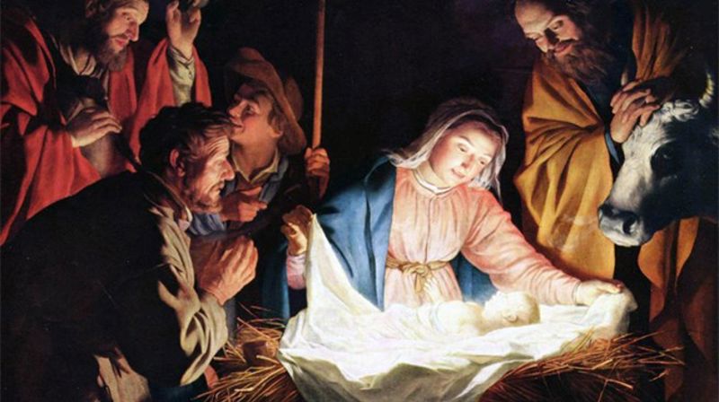 Illustrasjonstegning av Josef, Maria og Jesus m.fl i stallen