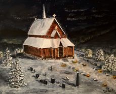Bilde av maleri av Reinli stavkirke vinterstid