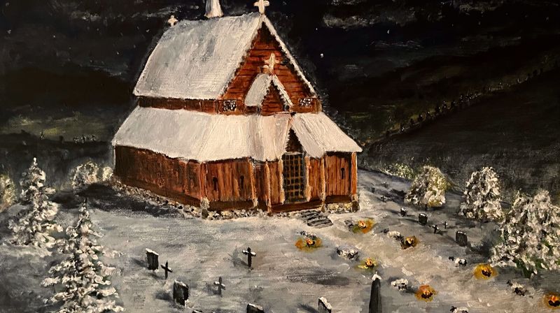 Bilde av maleri av Reinli stavkirke vinterstid