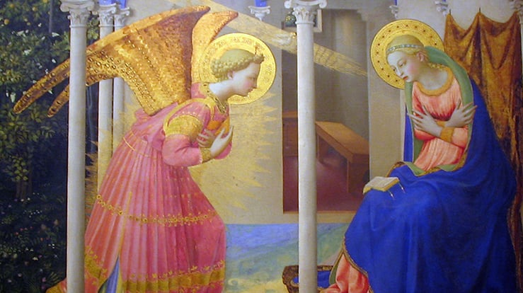 Engelen Gabriel gir Maria bud om at hun skal bli mor til Jesus. Denne hendelsen kaller man Marias bebudelse. Maleri av Fra Angelico (Foto: Wikimedia Commons)